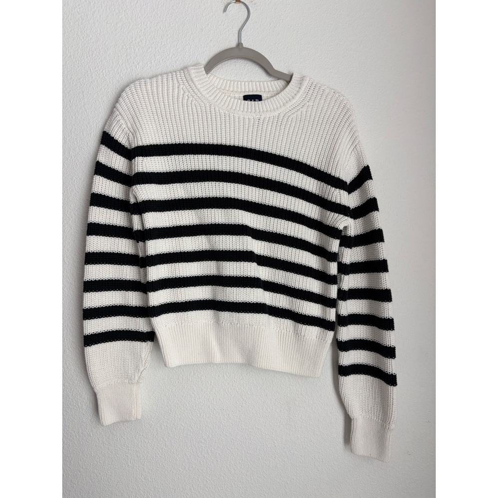 GAP Womens Shaker Stitch Striped Sweater Cream Black Crewneck‎ Pullover Small